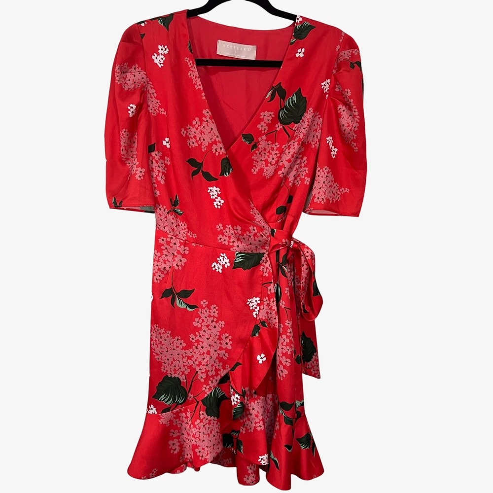 Keepsake Red Pink Floral Wrap Mini Dress Puff Sleeve Ruffle Size S